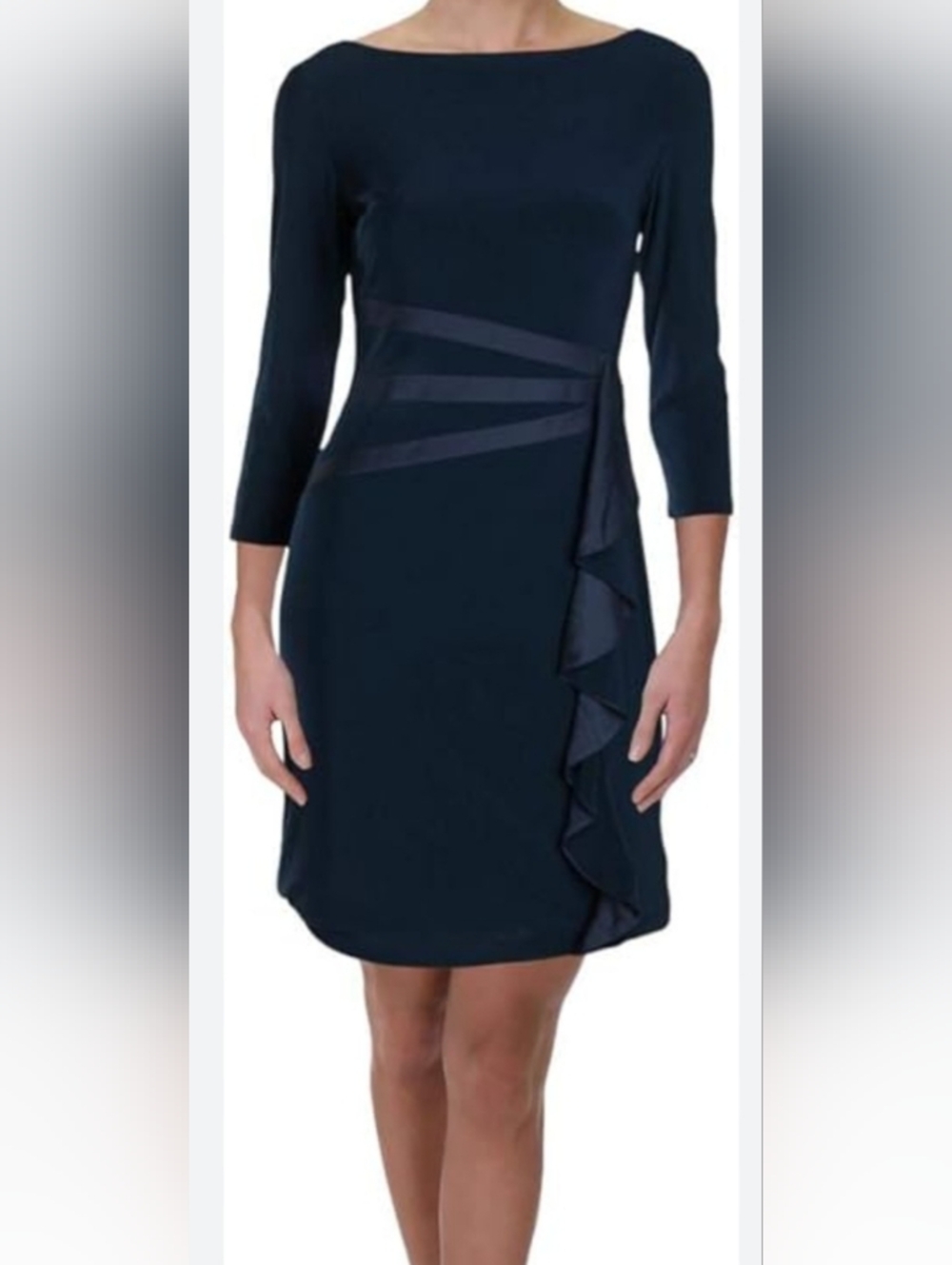 Chaps Navy Boatneck Midi Party Dress with Side Ruffle. NWT. Size S